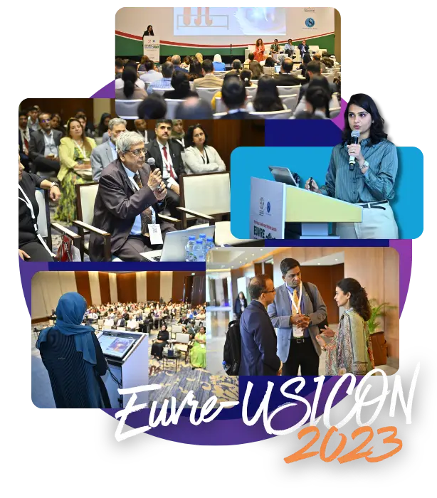 USICON 2023 (a) A collage from the Uveitis Society of India's Euvre-USICON 2023 conference, showcasing scientific sessions, expert presentations, and attendees gathered to discuss ocular inflammatory diseases.