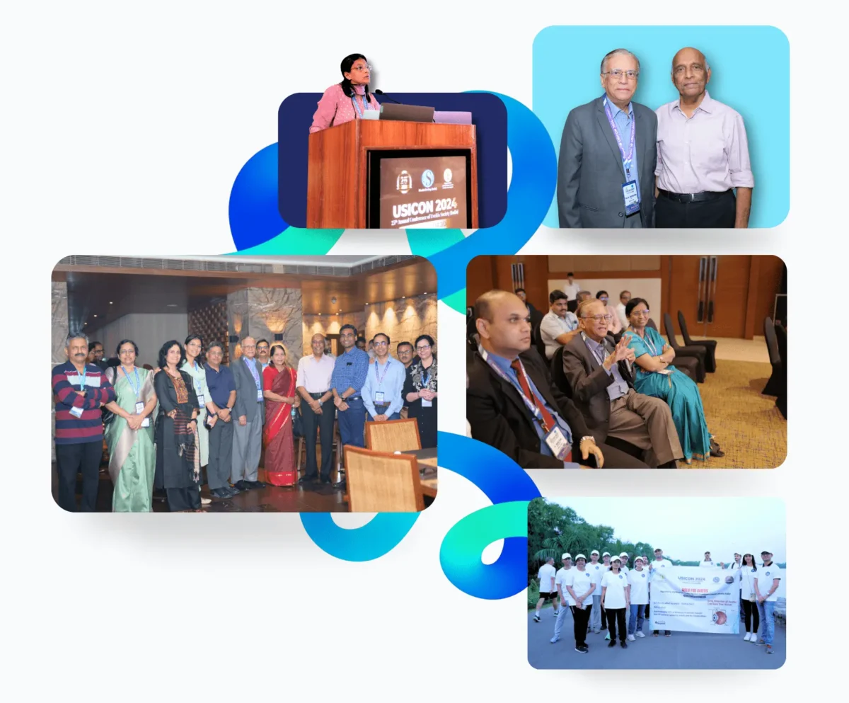 Photo collage showing highlights of USICON 2024, the annual conference organized by the Uveitis Society of India (USI) dedicated to ocular inflammatory diseases. Images include a scientific session speaker at a podium, senior Indian ophthalmologists networking, group photos of attendees, and participants at the 'Walk for Uveitis' awareness event.