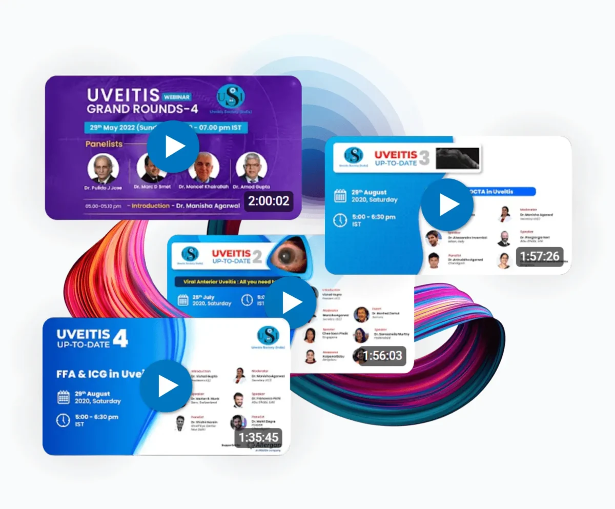 Video thumbnails of four Uveitis Society of India (USI) webinars, including 'Uveitis Grand Rounds-4', 'Uveitis Up-To-Date 3' on OCTA, 'Uveitis Up-To-Date 4' on FFA & ICG, and 'Uveitis Up-To-Date 2' on Viral Anterior Uveitis. These educational resources for ocular inflammation feature dates, speakers, and the USI logo.